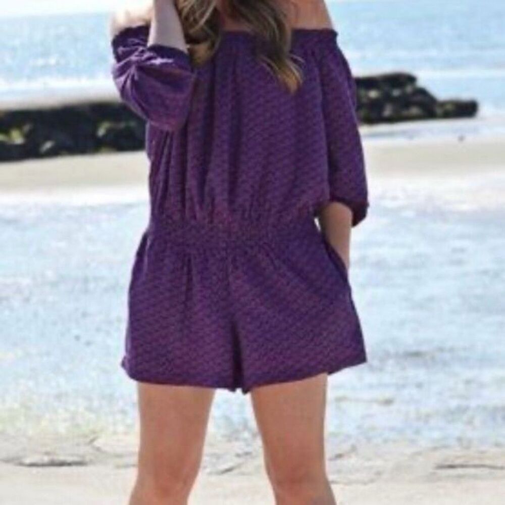 Banana Republic Factory Purple Shortie Off The Shoulder Romper. Petite Medium.